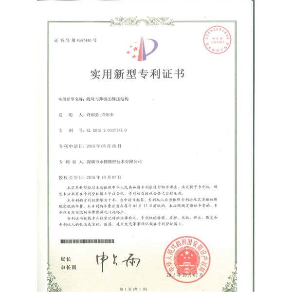 Patent for Riveting Structure of Nut and Thin Plate