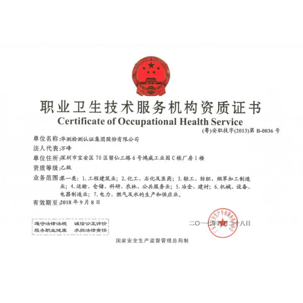 Qualification Certificate for Occupational Health Technical Service Institution